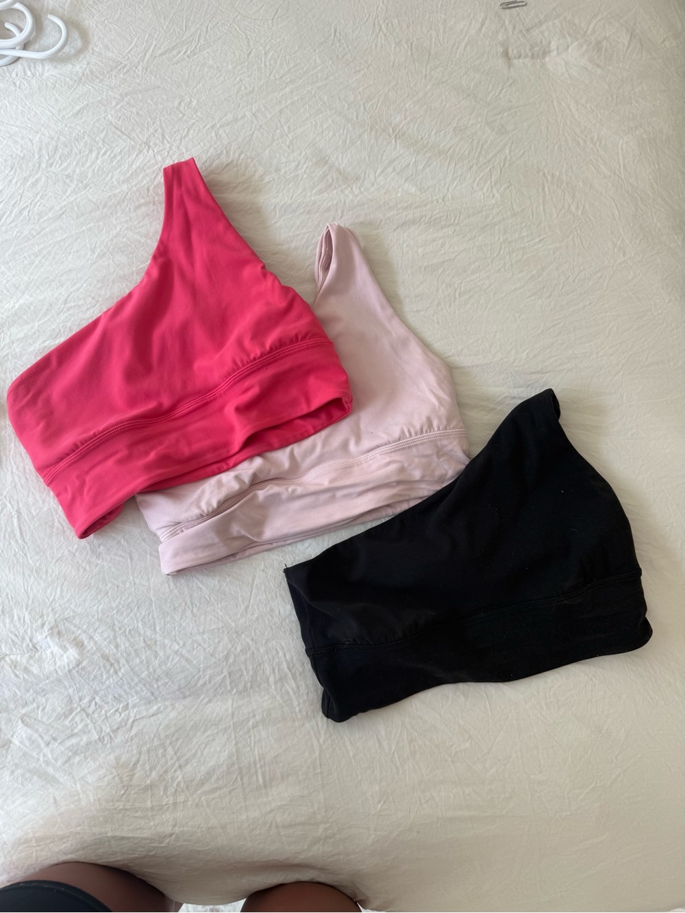 3 One-Shoulder Bralette Set in Hot Pink, Blush, and Black